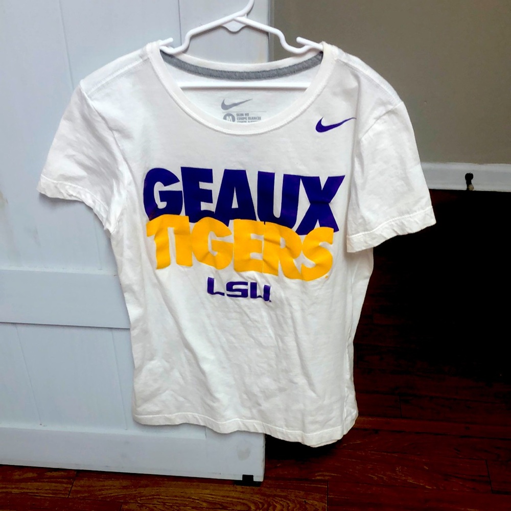 Nike women’s White and Purple Geaux Tigers T-Shirt